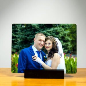 custom metal photo print with wood stand
